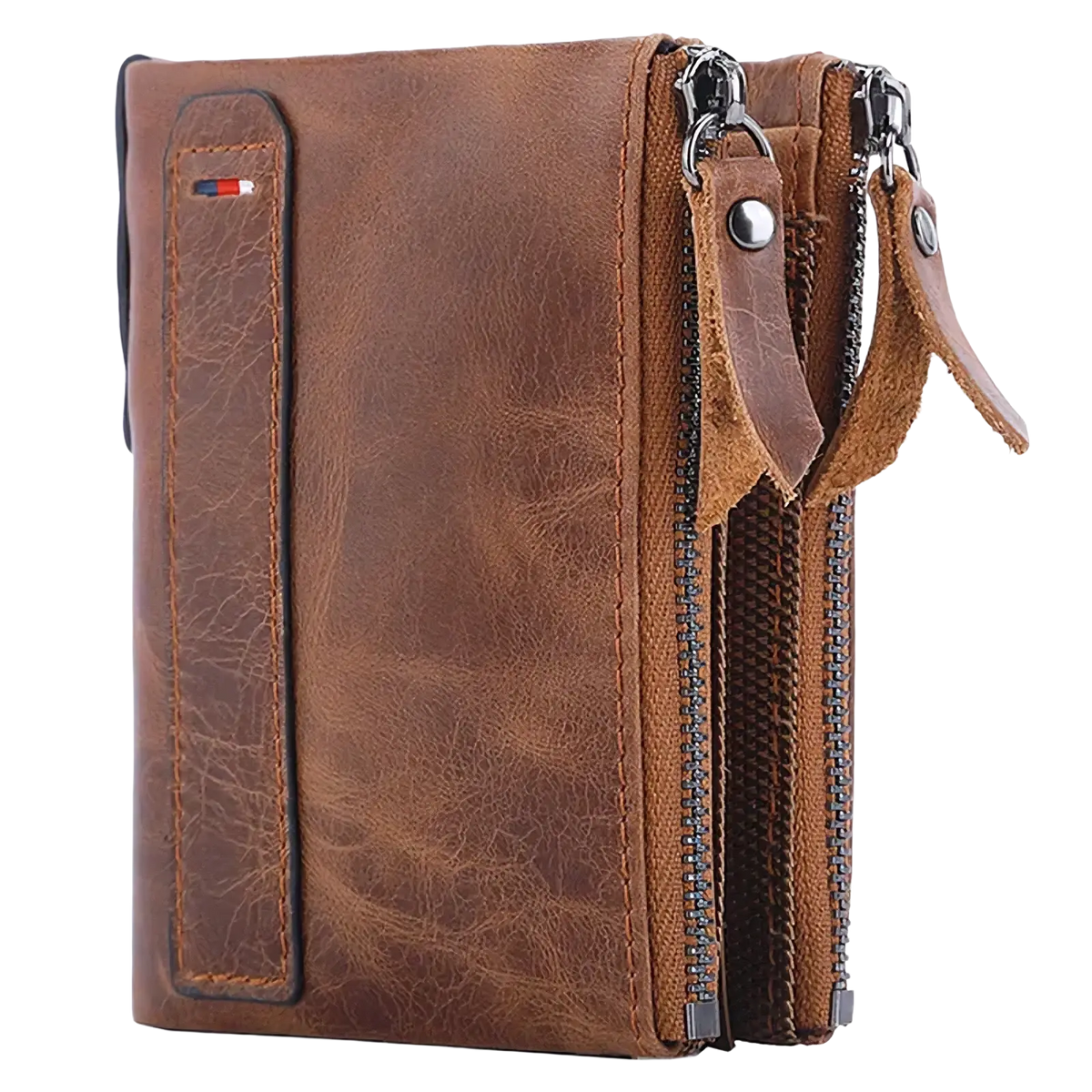 Genuine leather men short wallet in brown with three zippers and a red white and blue logo patch on the side