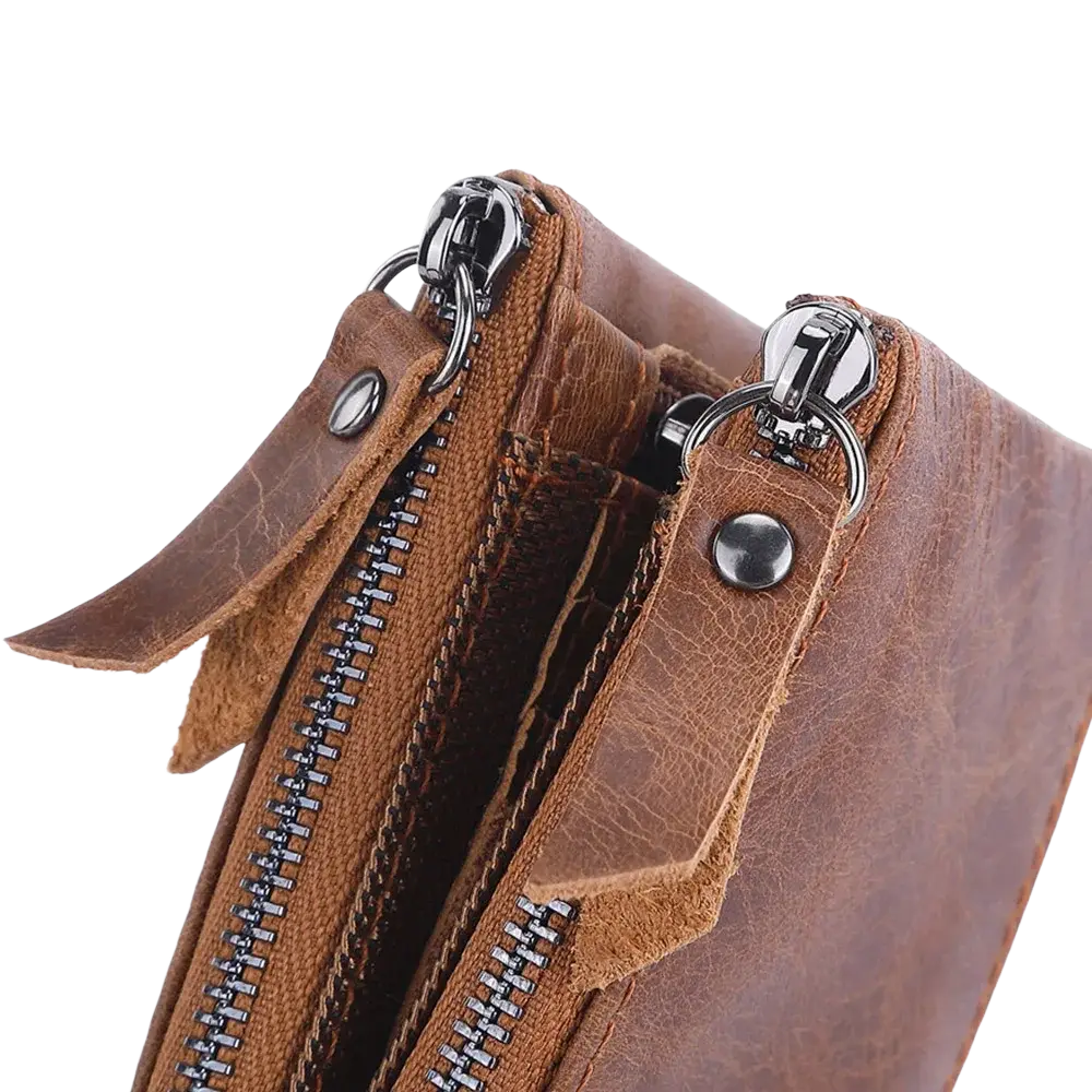 Genuine leather men short wallet in brown with dual zippers and metallic hardware for secure storage