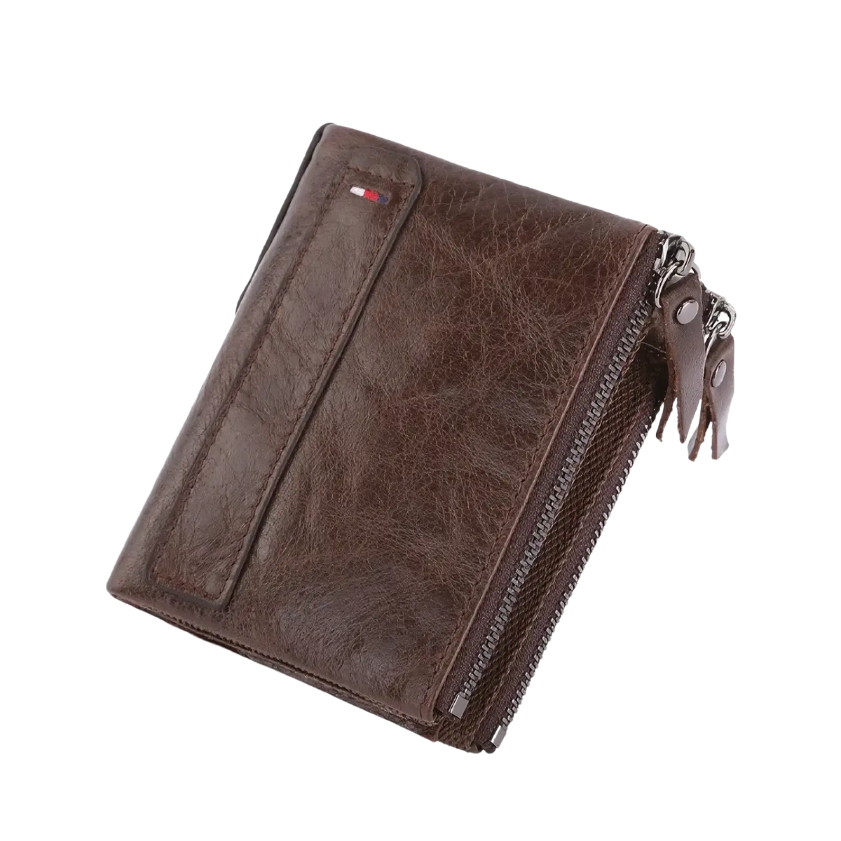 Genuine leather men short wallet in brown with zipper closure and small logo patch on the front