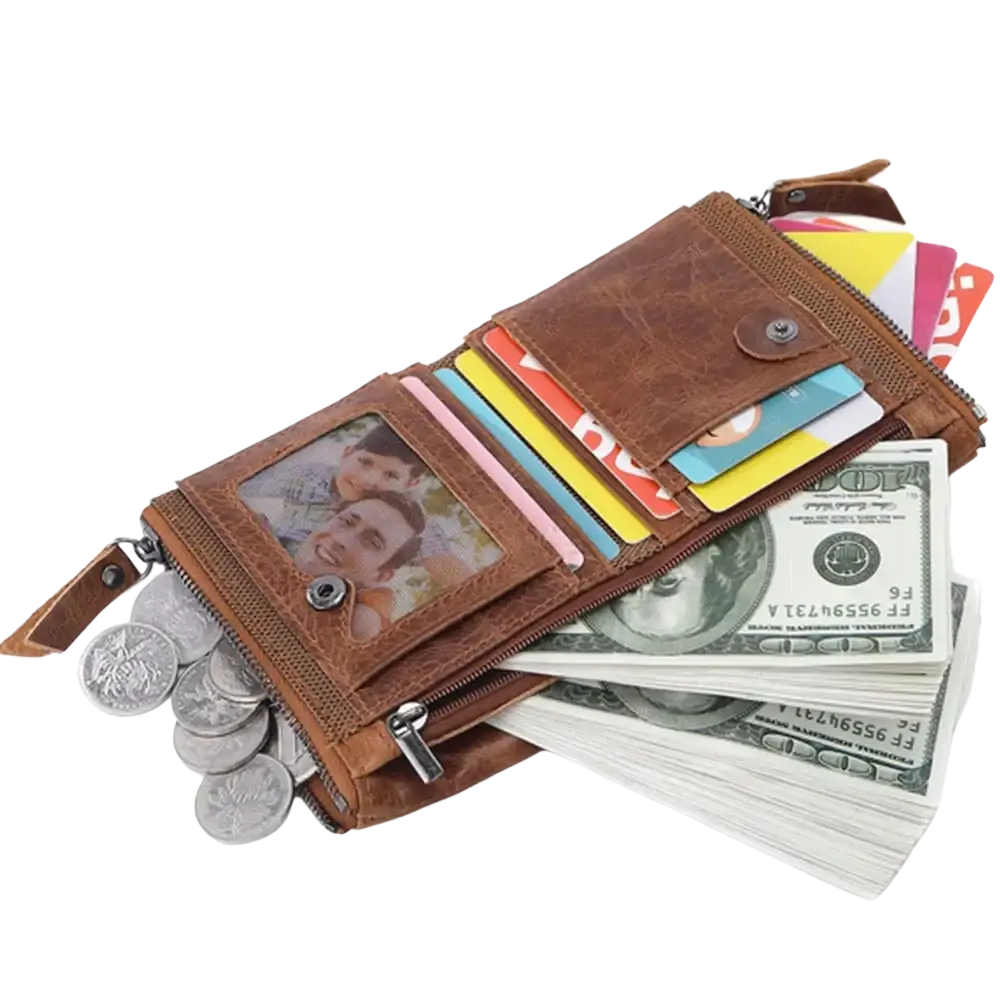 Genuine leather men short wallet in brown with multiple card slots photo window and secure zipper closures