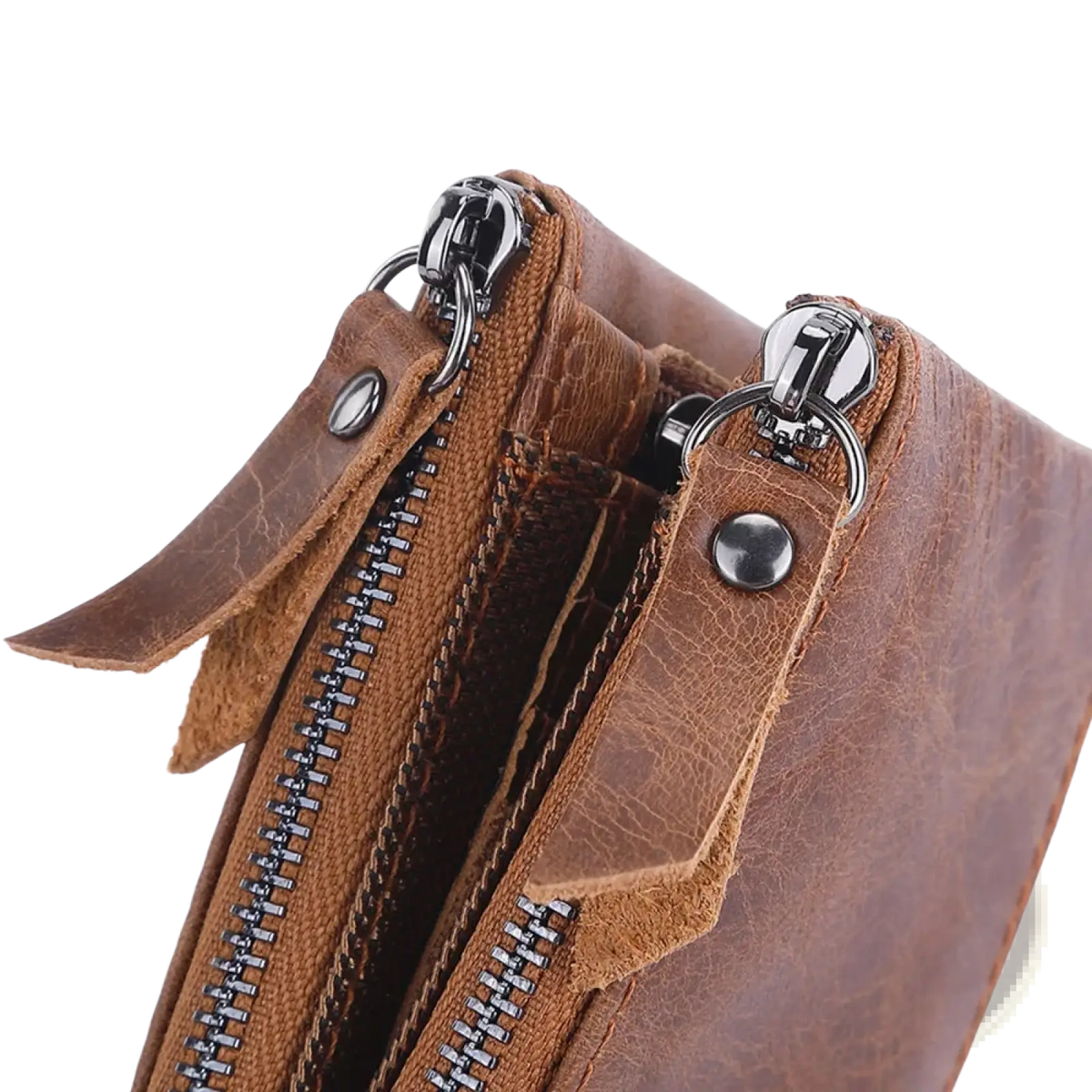 Genuine leather men short wallet in brown with dual zippers and metallic hardware for secure storage