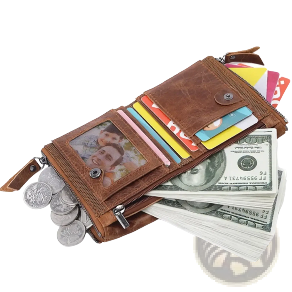 Genuine leather men short wallet in brown with multiple card slots photo window and secure zipper closures