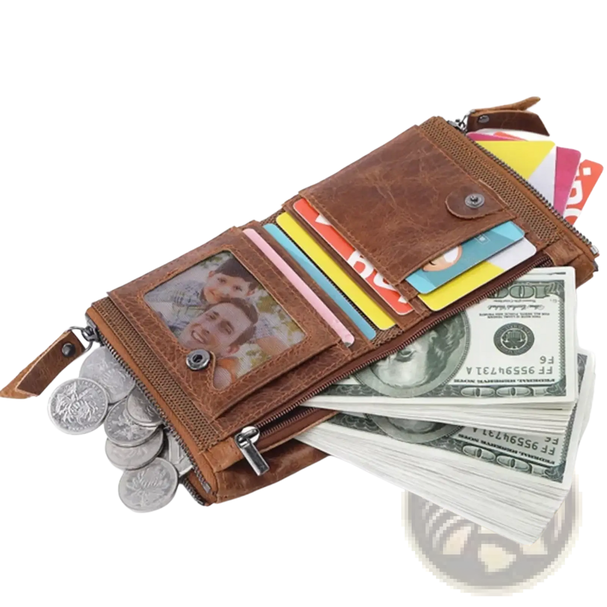 Genuine leather men short wallet in brown with multiple card slots photo window and secure zipper closures