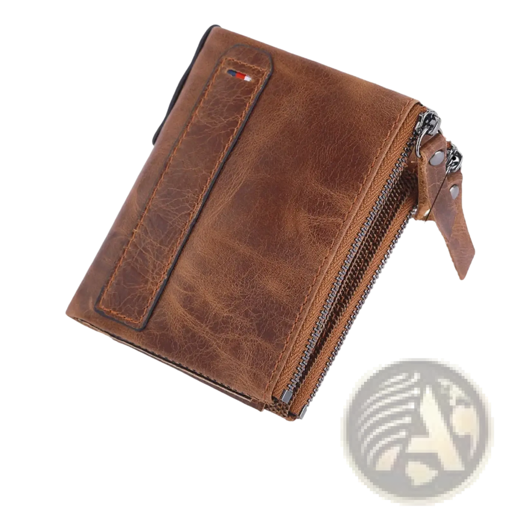 Genuine leather men short wallet in brown with textured worn finish and silver-toned zipper closure