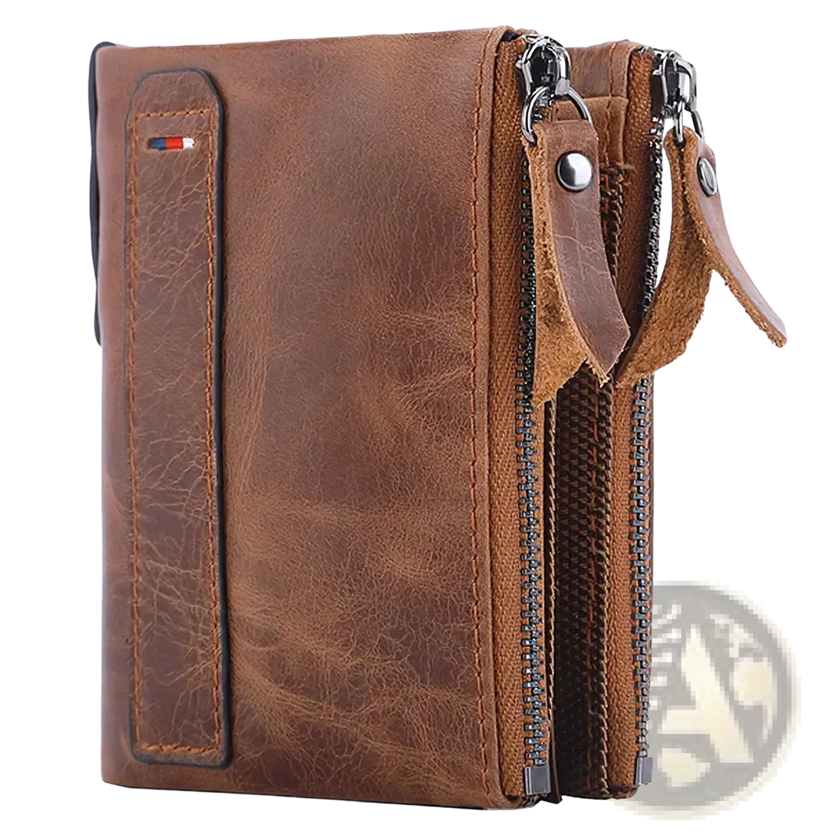 Genuine leather men short wallet in brown with three zippers and a red white and blue logo patch on the side