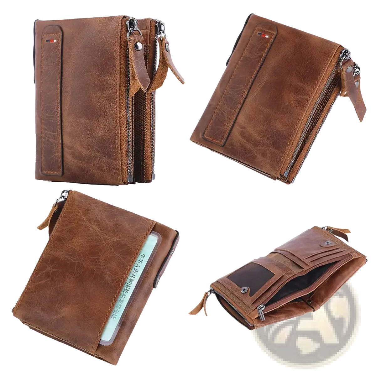 Genuine leather men short wallet in brown with a vintage distressed finish and dual zippers