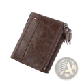 Genuine leather men short wallet in brown with zipper closure and small logo patch on the front