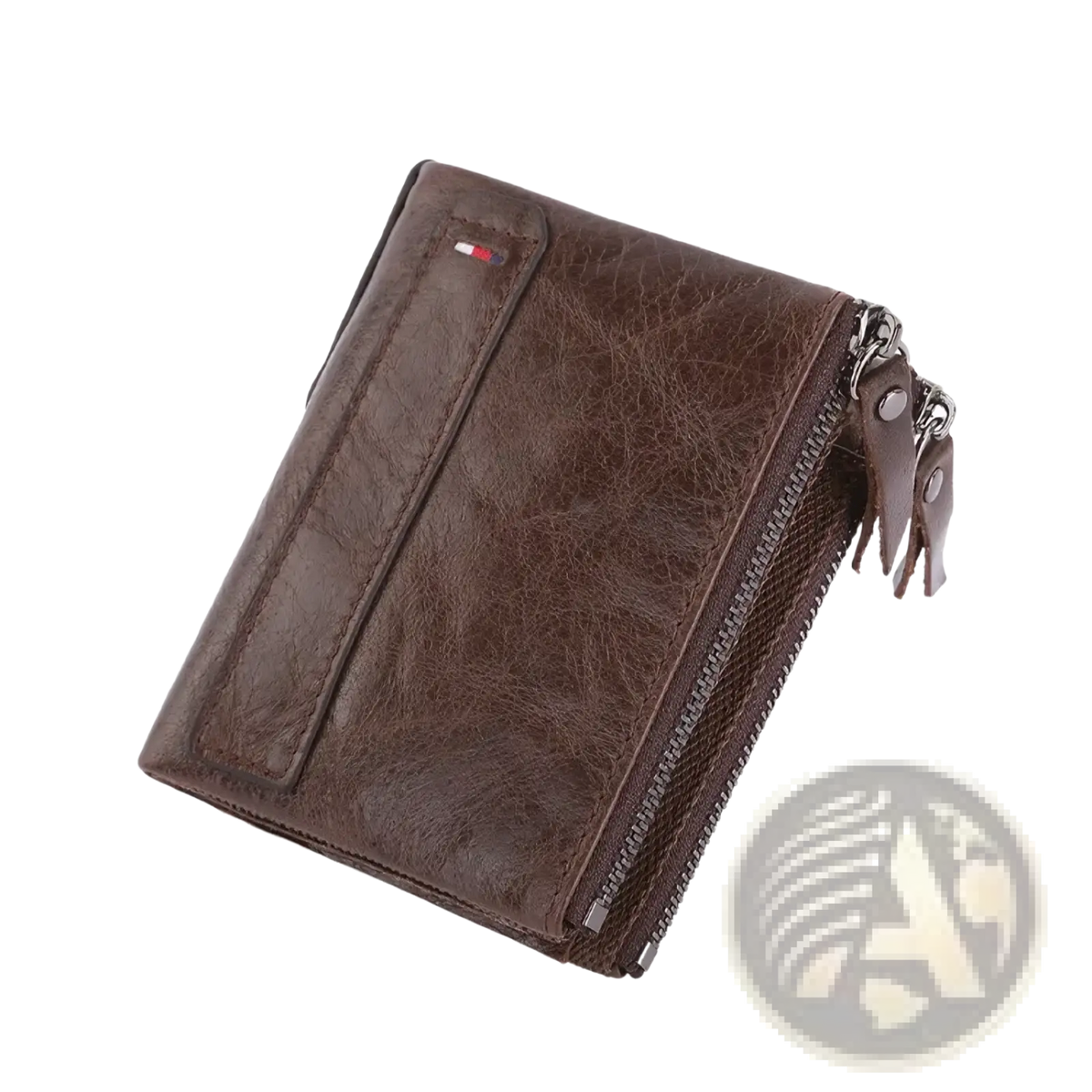 Genuine leather men short wallet in brown with zipper closure and small logo patch on the front
