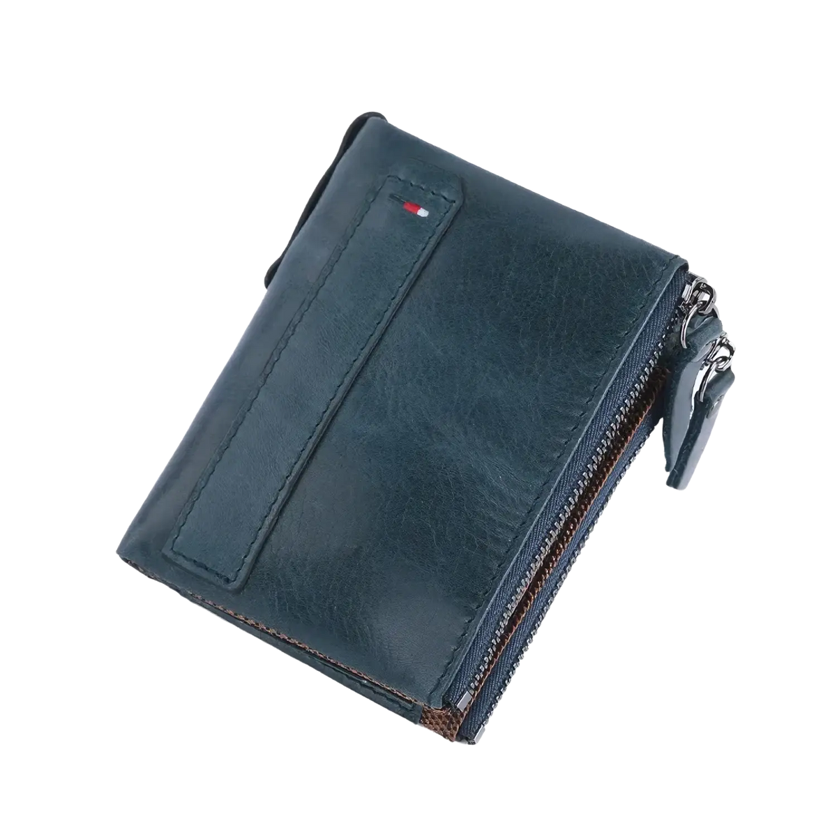 Genuine leather men short wallet in dark blue with zipper closure and red white navy logo patch on front