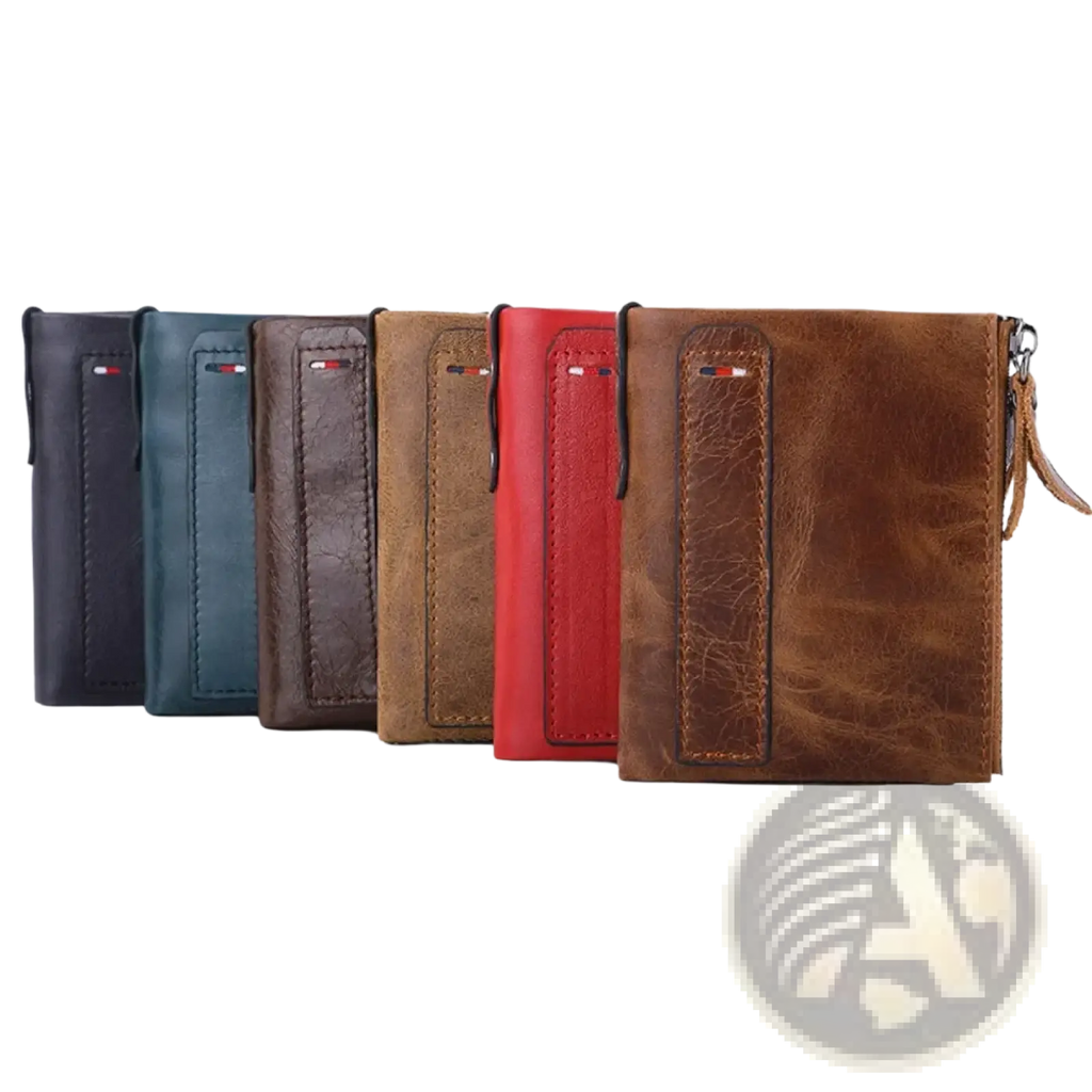 Genuine leather men short wallet in distressed brown with zipper closure and stitched detailing for secure storage