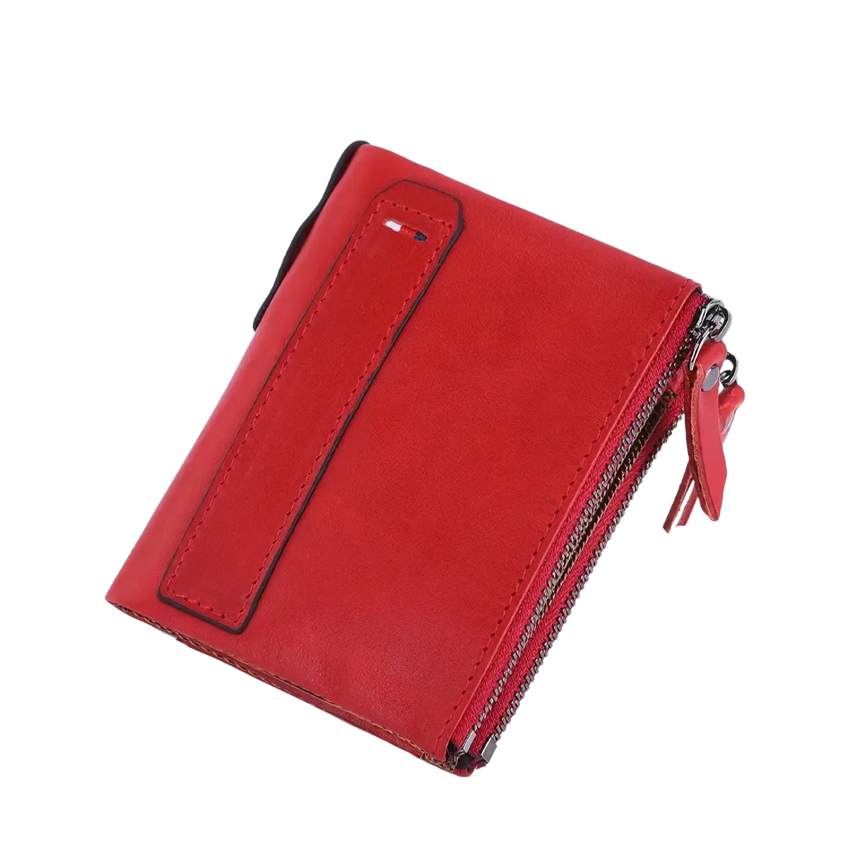 Genuine leather men short wallet in red with zipper closure and small logo patch on the front