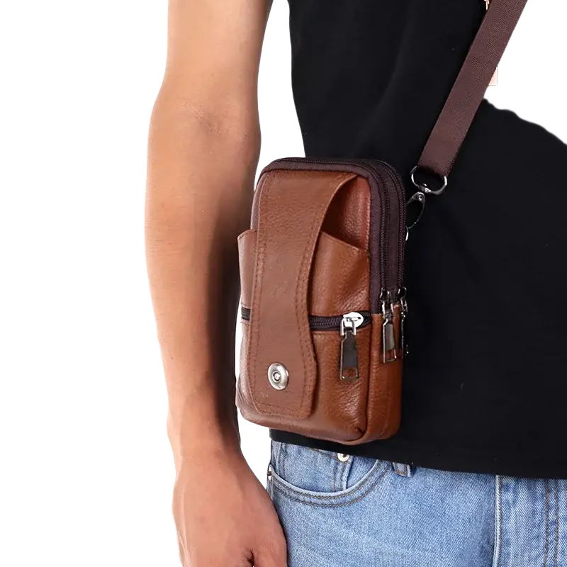 Genuine leather brown crossbody phone pouch with multiple zippers and metal snap button for men waist bag
