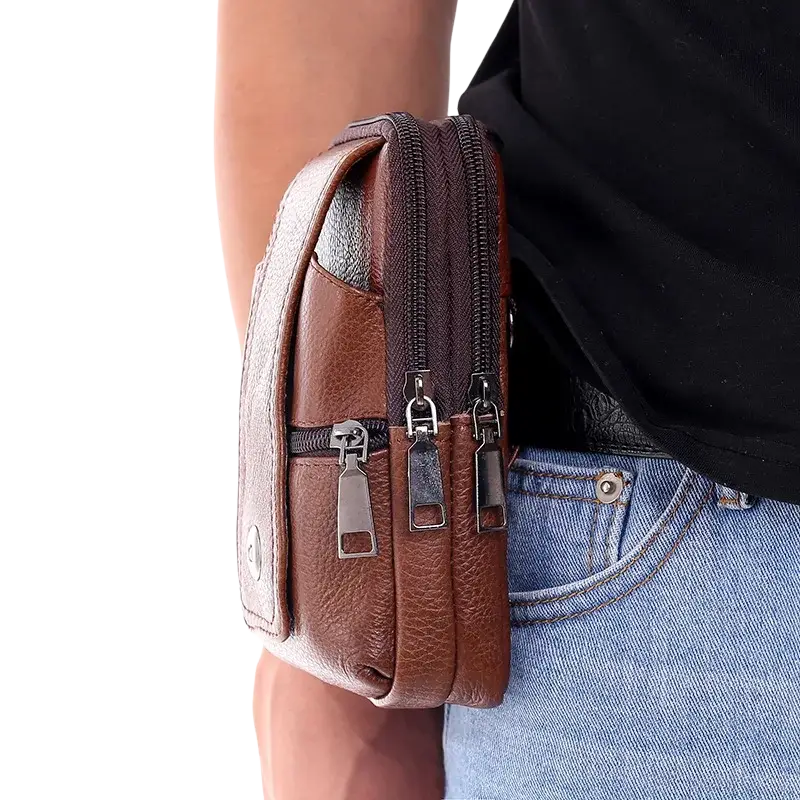 Genuine leather brown men waist bag with three-layer big ears and three zippers textured pattern pouch