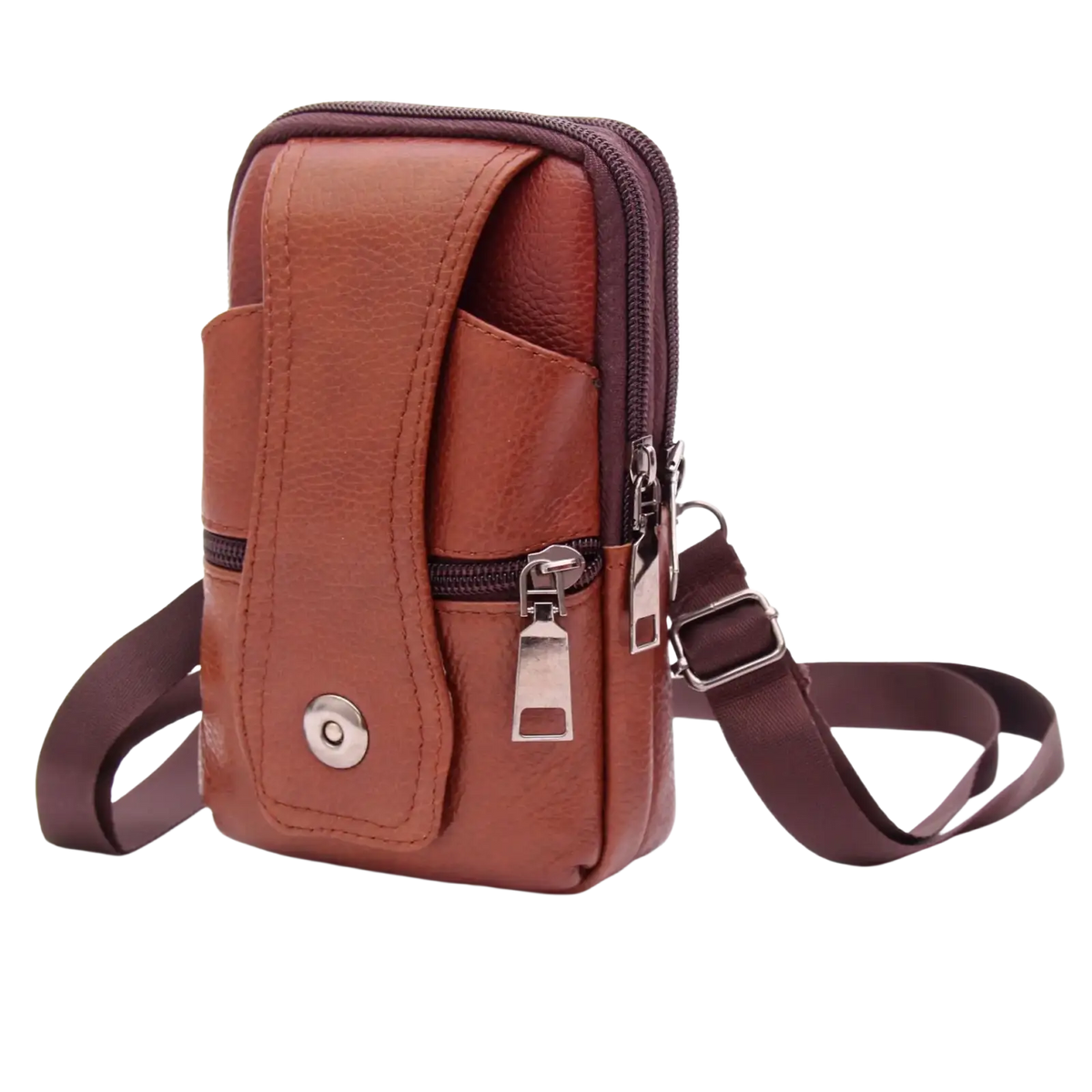Genuine leather men waist bag brown crossbody phone pouch with multiple zippered compartments and detachable strap