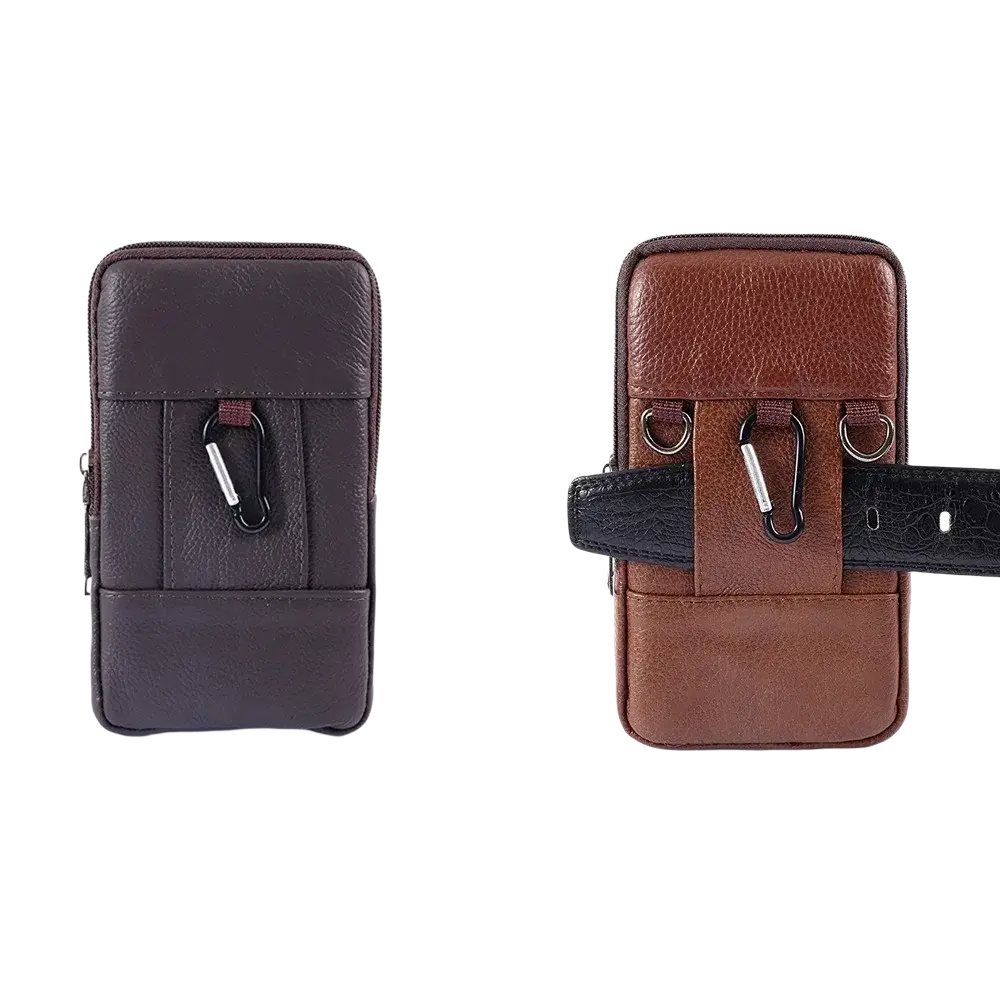 Genuine leather brown waist bag with zipper closure and metal carabiner clips for men two-layer three-layer big design