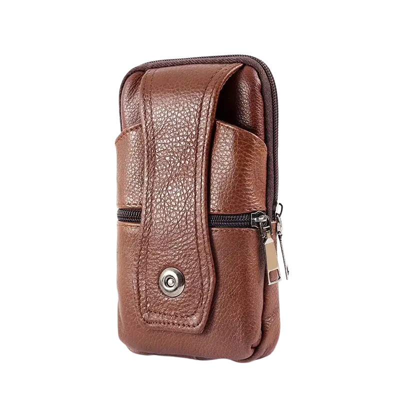 Genuine leather brown crossbody phone pouch with textured surface zipper closure and metal snap button holster