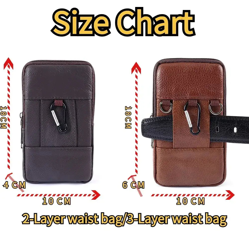 Brown genuine leather men waist bag with carabiner clip and belt loop for crossbody phone pouch use