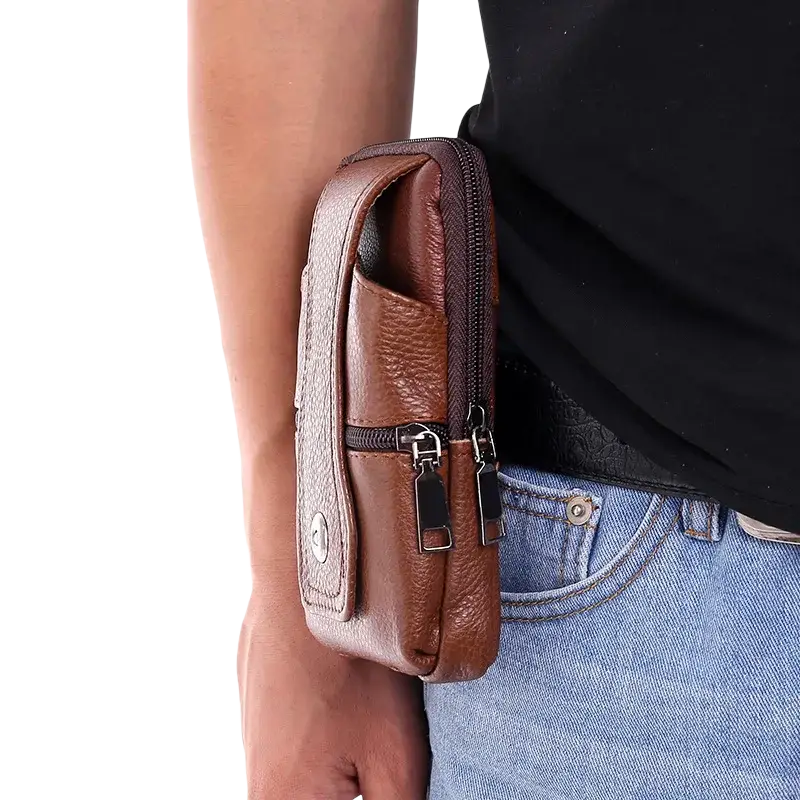 Genuine leather men waist bag brown crossbody phone pouch with zippered compartments and metal hardware