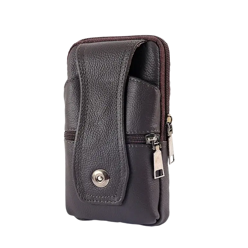 Genuine leather men waist bag brown crossbody phone pouch with dark brown leather holster featuring multiple zippers and snap button closure