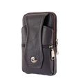 Genuine leather men waist bag brown crossbody phone pouch with dark brown leather holster featuring multiple zippers and snap button closure