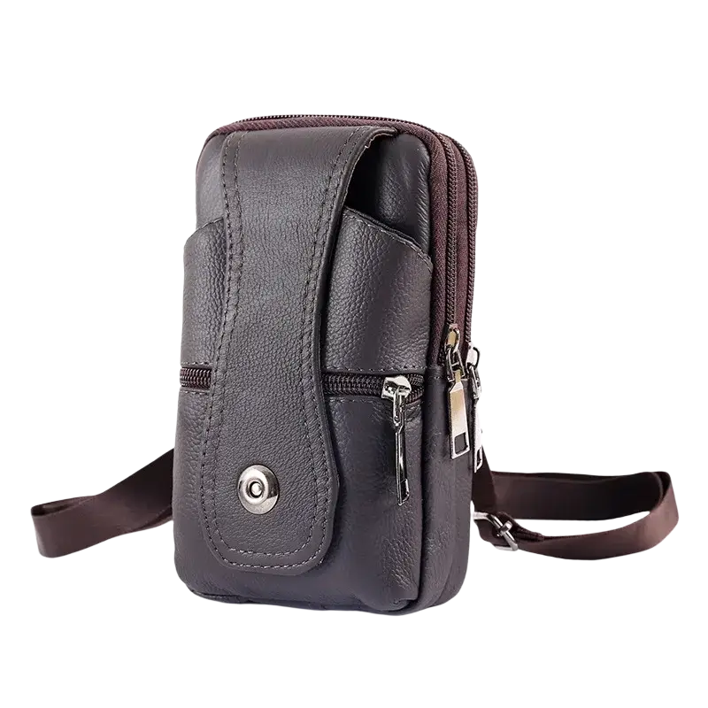 Genuine leather men waist bag brown crossbody phone pouch with multiple zippers and detachable strap two-layer design