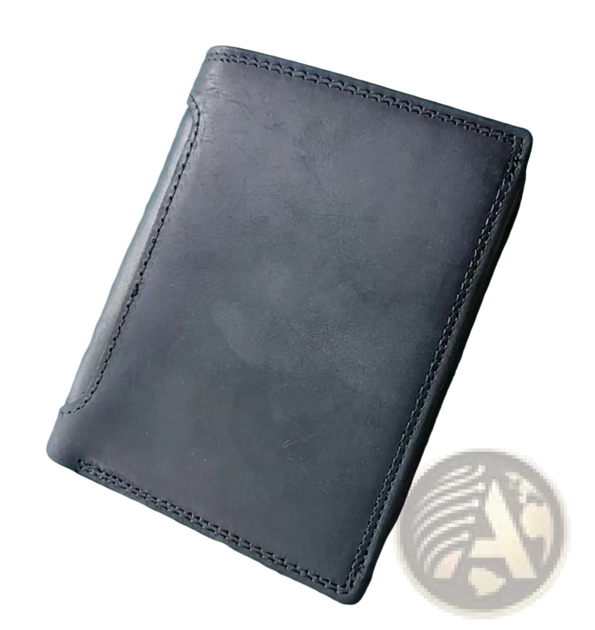 Black genuine leather men’s rfid short wallet with visible stitching along the edges for secure card protection