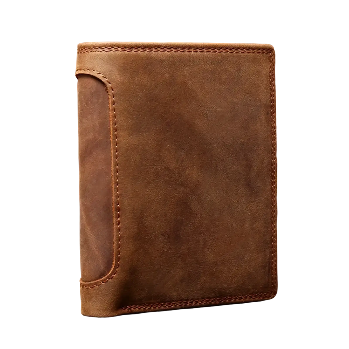 Genuine leather men’s RFID short wallet in brown with visible stitching and textured surface
