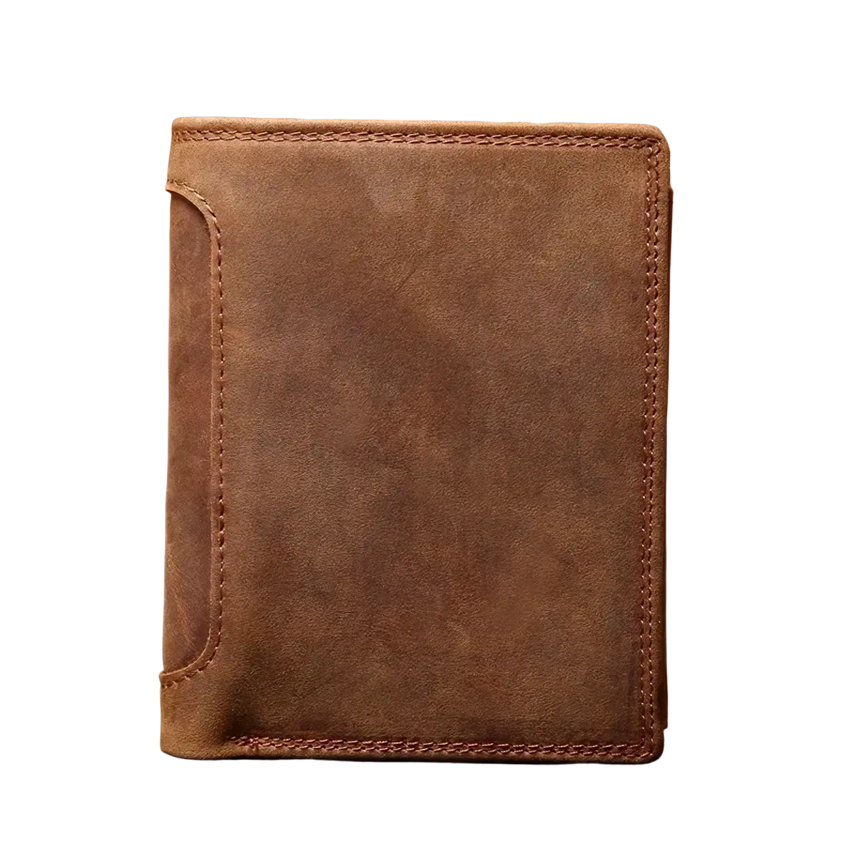Genuine leather men’s rfid short wallet in brown with visible stitching and textured surface for secure storage