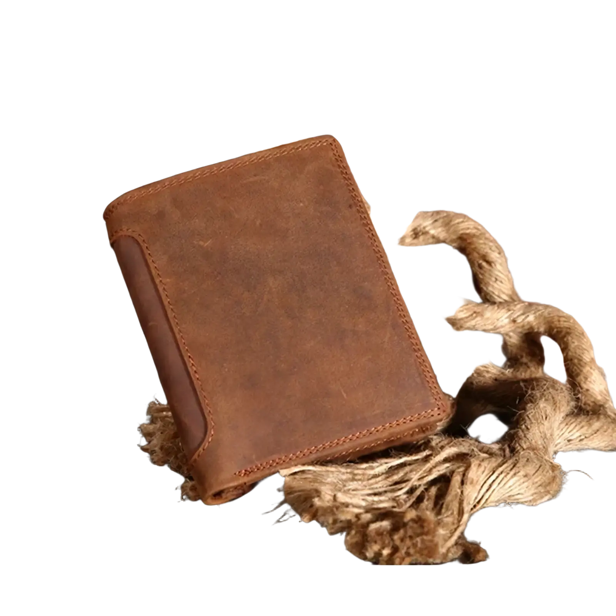 Genuine leather men’s rfid short wallet in brown with visible stitching and a textured slightly worn surface