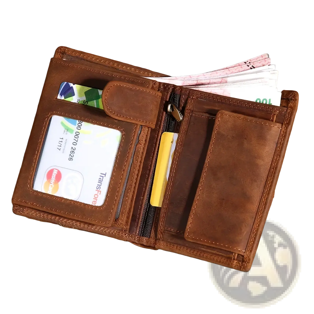 Genuine leather men’s rfid short wallet in brown with multiple card slots, zipper pocket, and id window