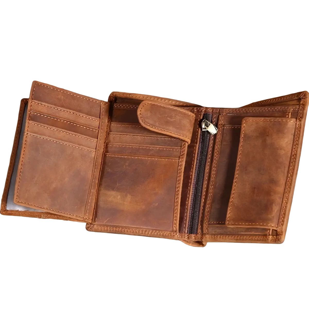 Brown leather tri-fold genuine leather men’s RFID short wallet with visible stitching and zipper compartment