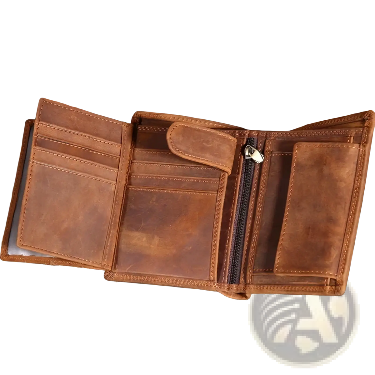Brown leather tri-fold genuine leather men’s RFID short wallet with visible stitching and zipper compartment