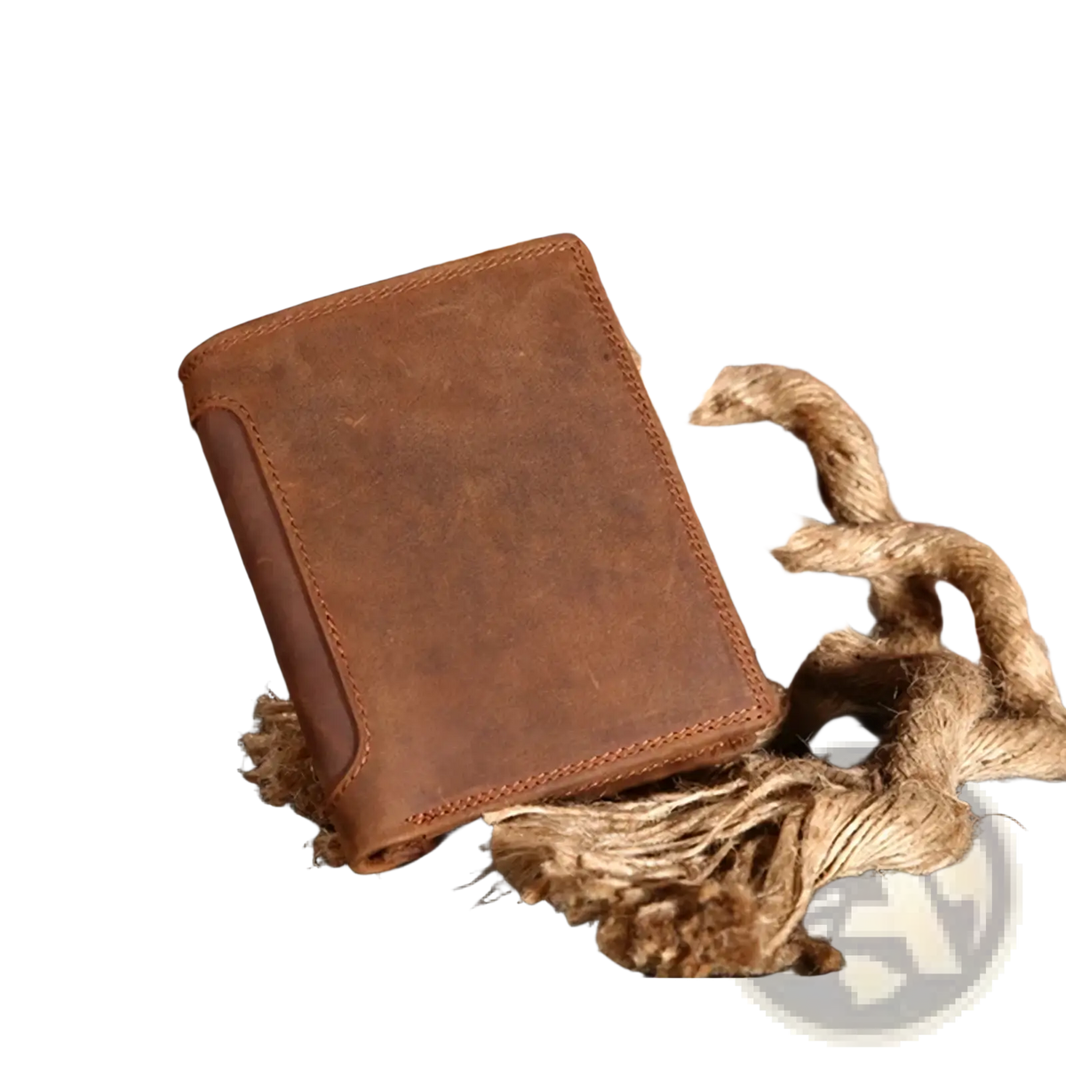 Genuine leather men’s rfid short wallet in brown with visible stitching and a textured slightly worn surface
