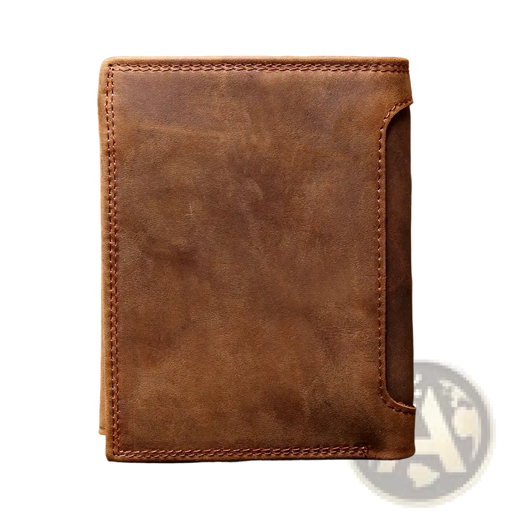 Brown genuine leather men’s rfid short wallet with visible stitching and textured surface for secure card protection