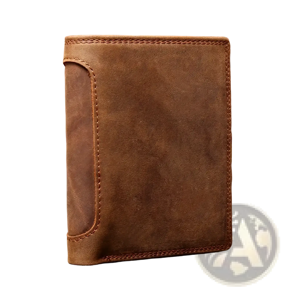 Genuine leather men’s RFID short wallet in brown with visible stitching and textured surface