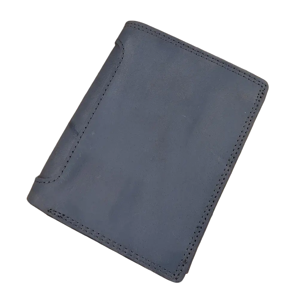 Dark gray genuine leather mens rfid short tri-fold wallet with visible stitching along the edges