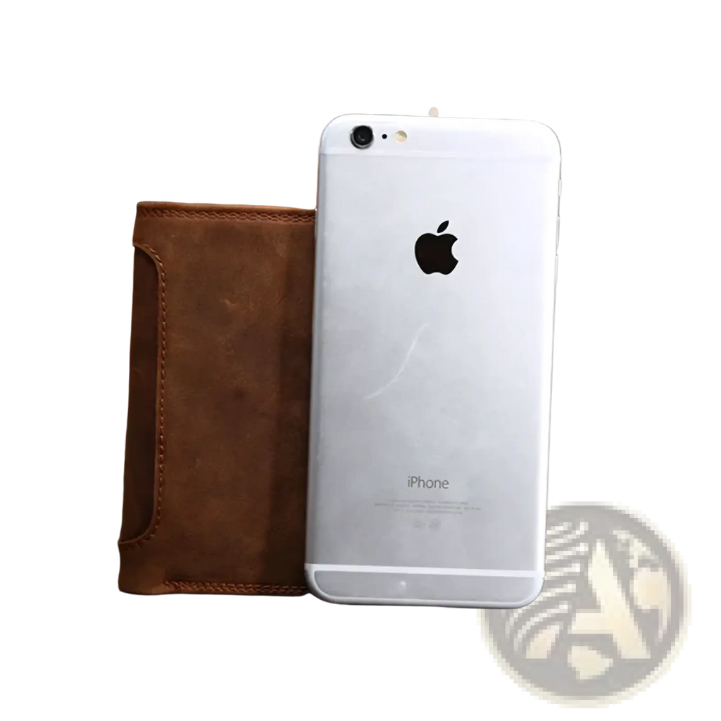 Silver iphone 6 next to a brown genuine leather mens rfid short wallet highlighting material and color