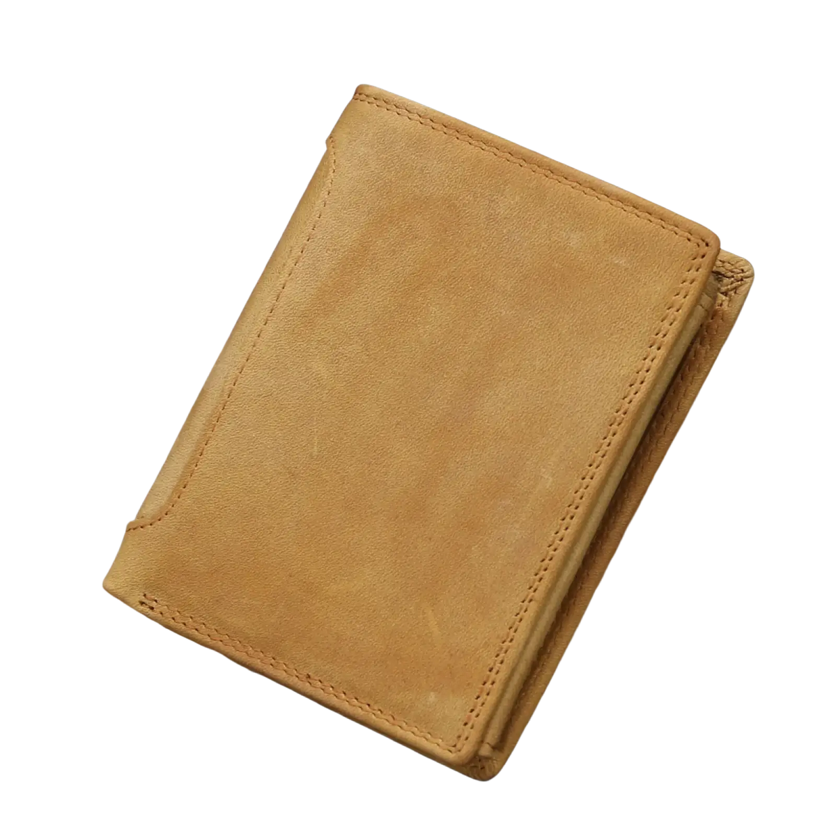 Genuine leather men’s rfid short wallet in tan with tri-fold design and visible stitching along the edges