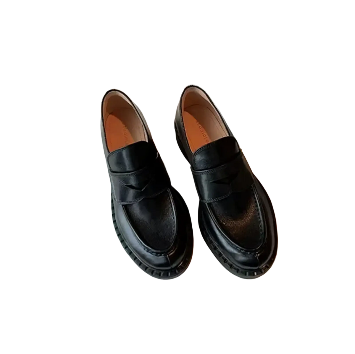 Black genuine leather patent loafers with classic slip-on design and thick textured soles for durable wear