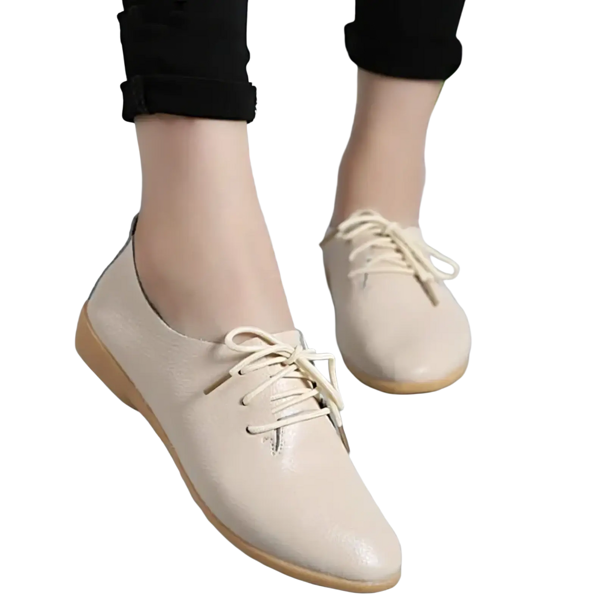 Beige genuine leather pointed toe women flats with lace-up design and light tan rubber sole oxford shoes