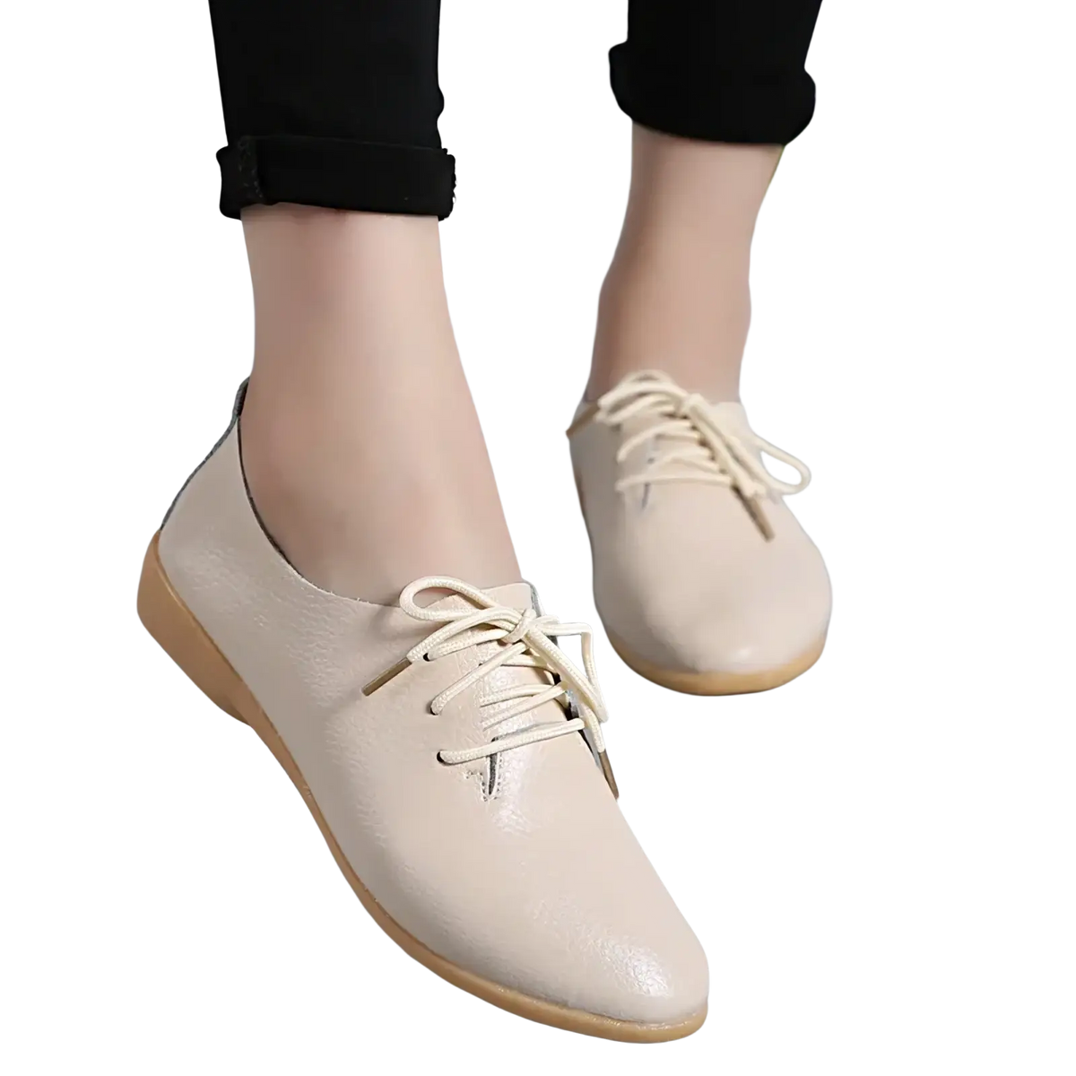 Beige genuine leather pointed toe women flats with lace-up design and light tan sole for formal or casual wear