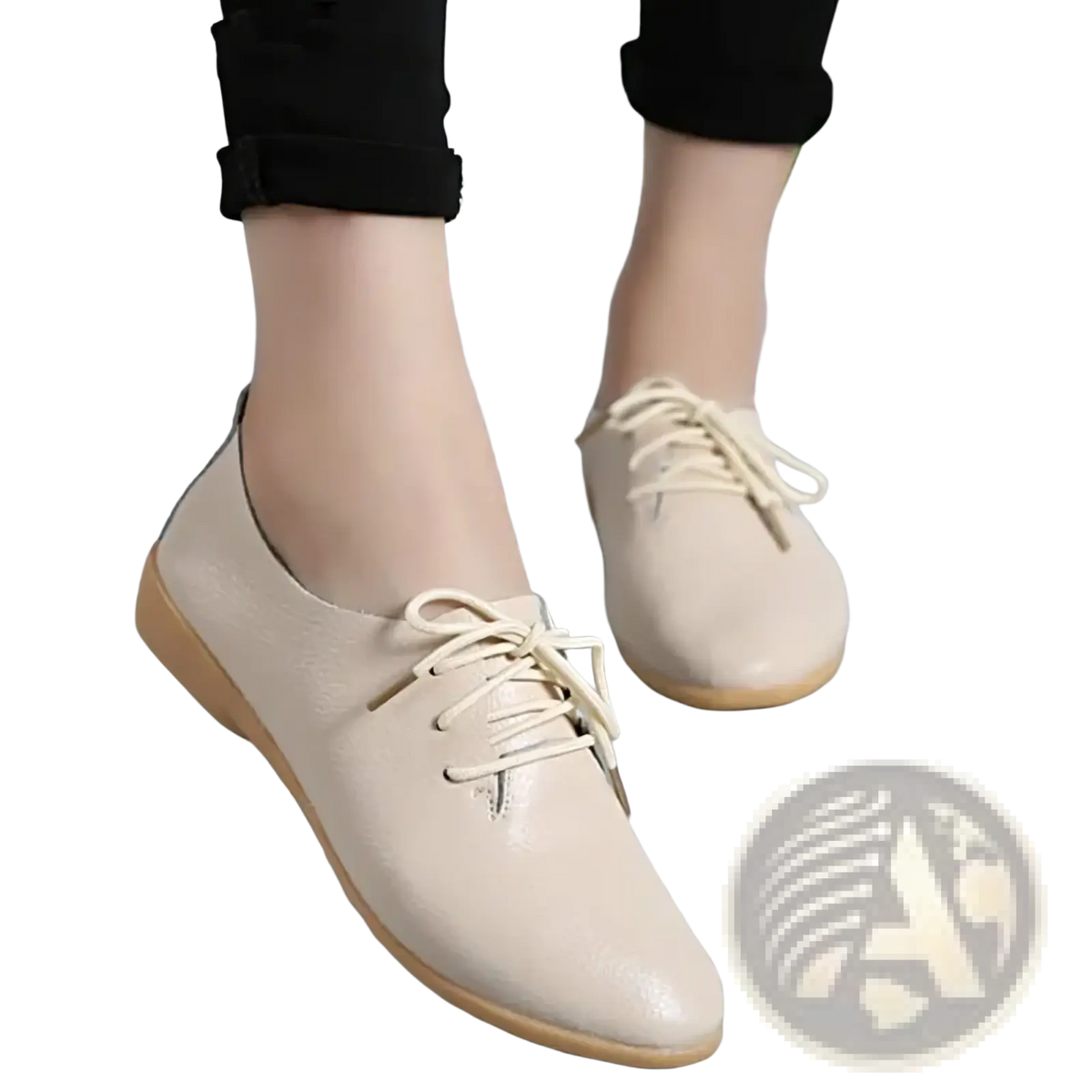 Beige genuine leather pointed toe women flats with lace-up design and light tan rubber sole oxford shoes