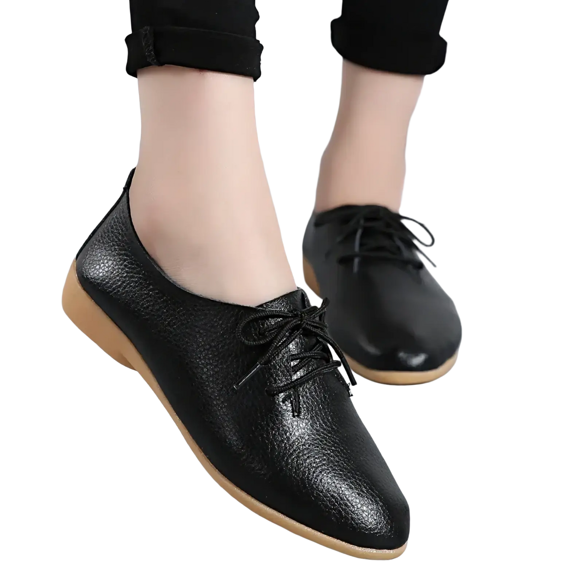 Black leather pointed toe women flats with lace-up design textured surface and light brown soles