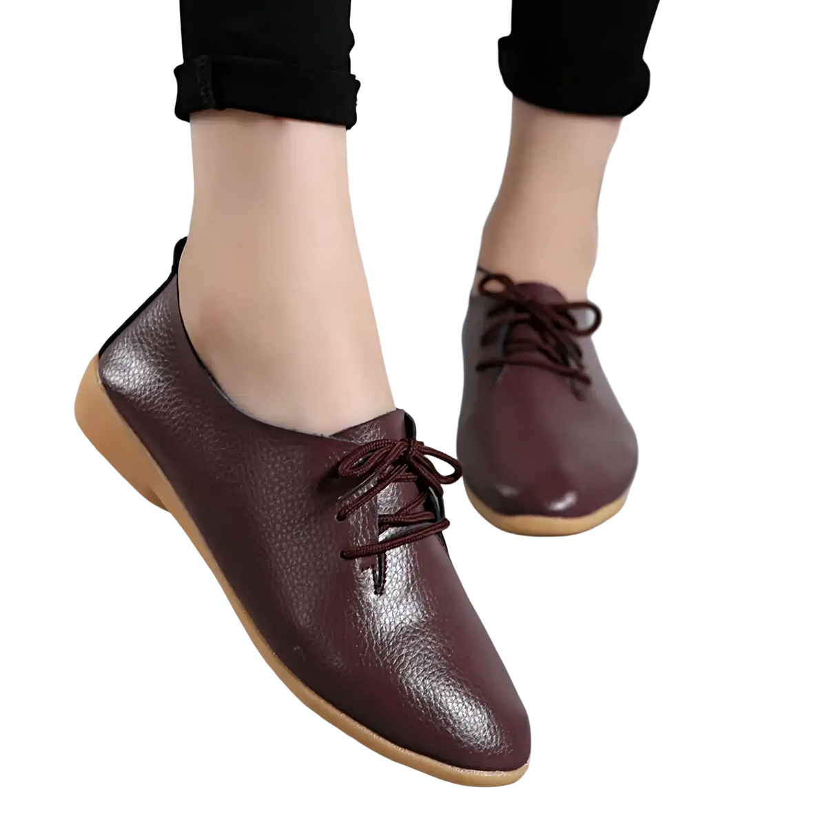 Genuine leather pointed toe women flats in brown with lace-up design, soft pebbled texture, and light tan soles