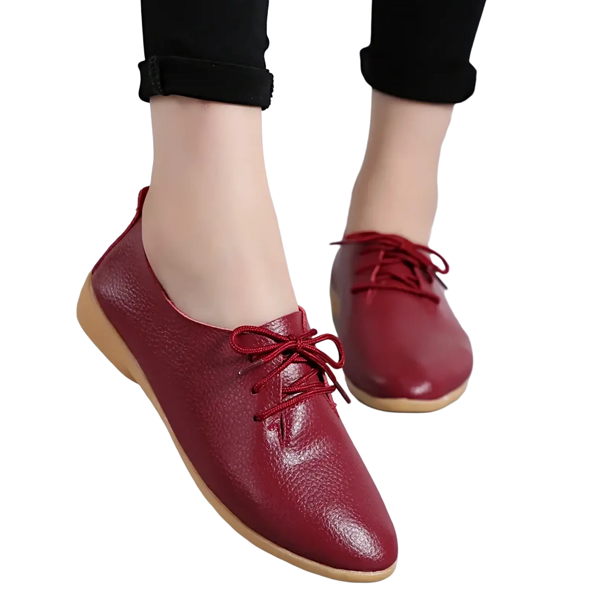 Genuine leather pointed toe women flats in burgundy with soft pebbled texture and light beige lace-up soles