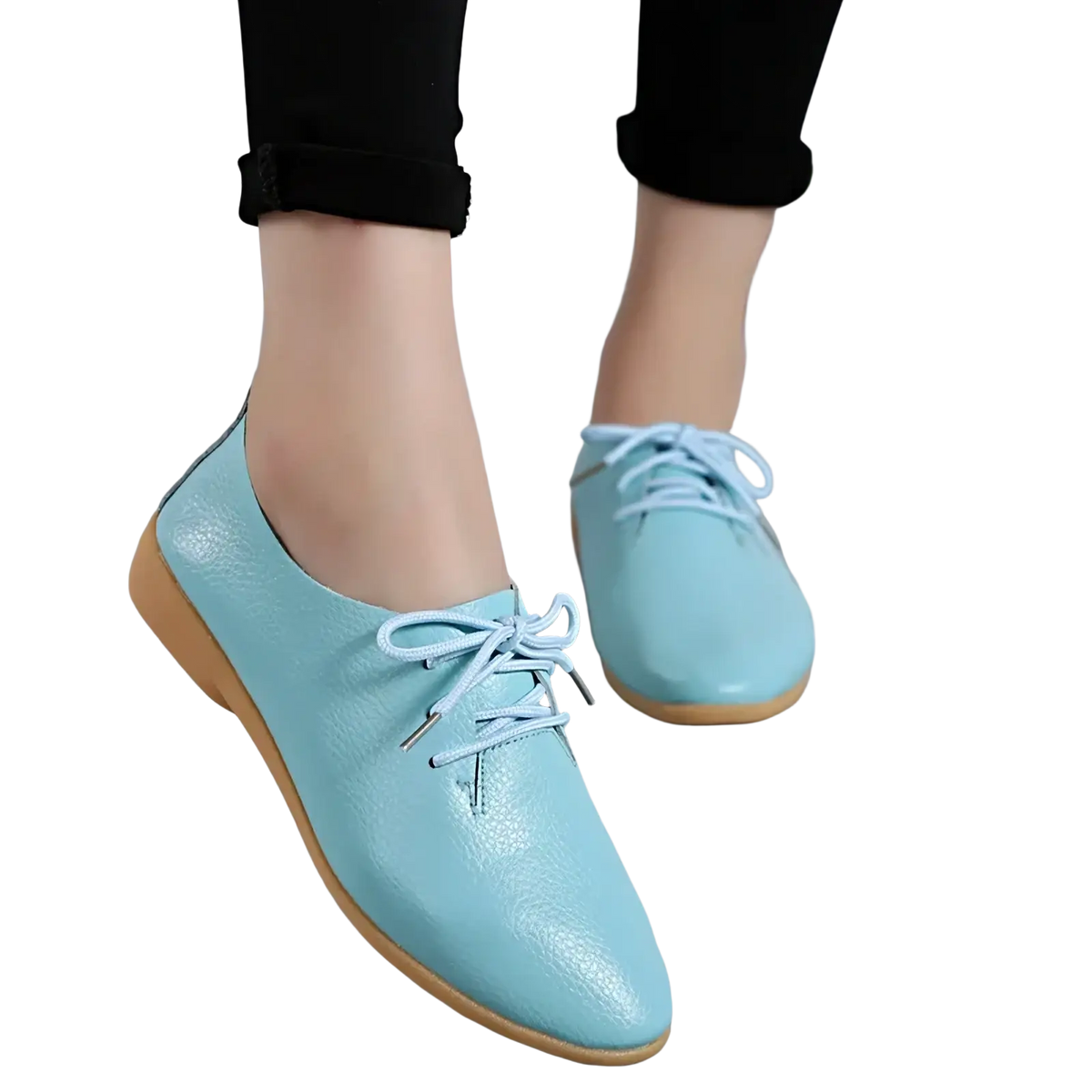 Light blue genuine leather pointed toe women’s flats with lace-up design and tan soles