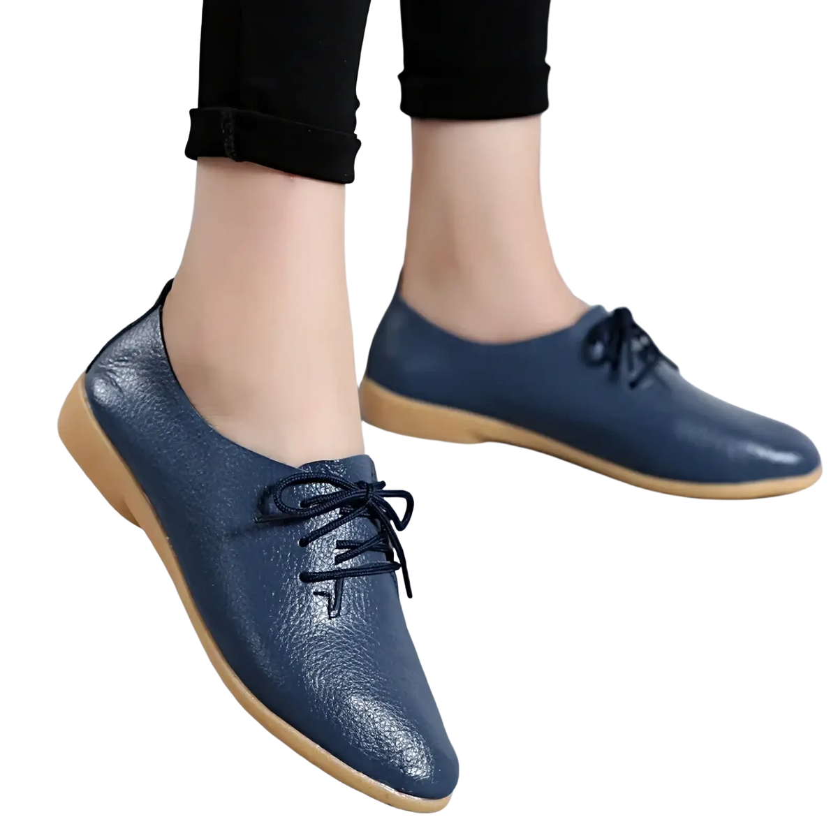 Navy blue genuine leather lace-up oxford flats for women with pointed toe and light brown soles