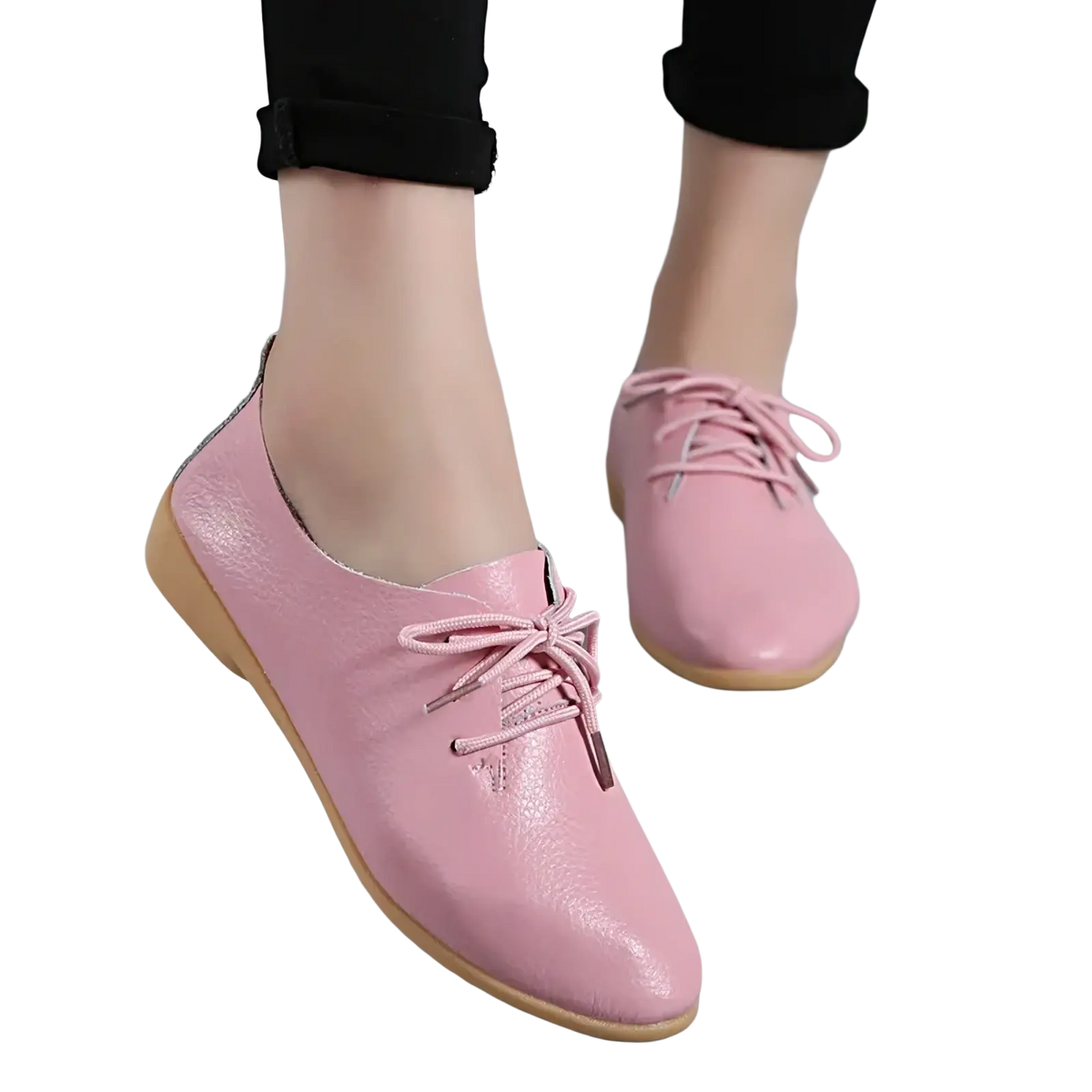 Pink genuine leather pointed toe women’s flats with lace-up design soft matte finish and light tan soles