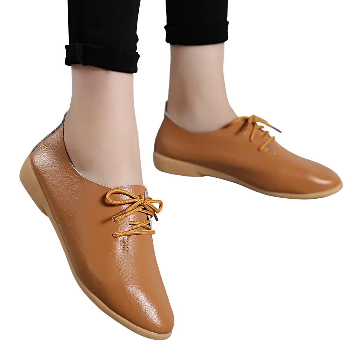 Genuine leather pointed toe women flats featuring tan leather lace-up oxford style with matching laces and flat sole