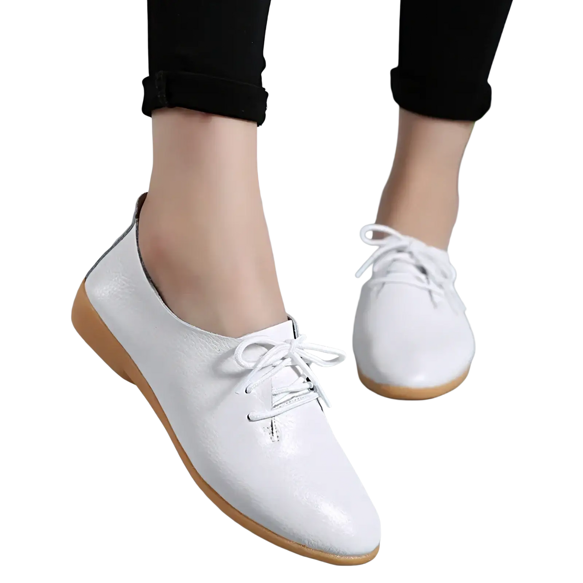 White leather lace-up pointed toe women flats with a light brown sole for elegant casual wear
